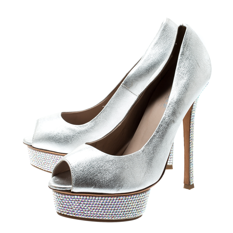 Le Silla Metallic Silver Leather Crystal Embellished Platform Peep Toe Pumps Size 38