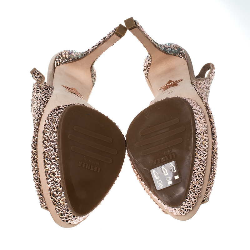 Le Silla Rose Gold Crystal Embellished Satin Limited Edition Peep Toe Platform Sandals Size 40