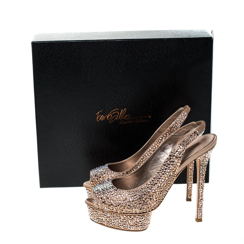 Le Silla Rose Gold Crystal Embellished Satin Limited Edition Peep Toe Platform Sandals Size 40