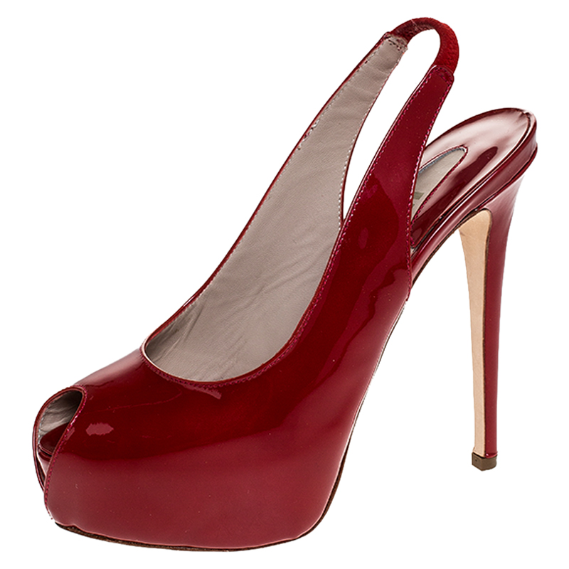 Image of Le Silla Red Patent Leather Slingback Platform Sandals Size .