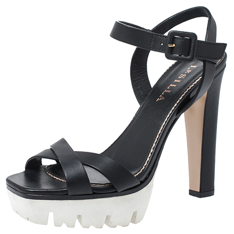 Image of Le Silla Black Cross Strap Leather Platform Sandals Size