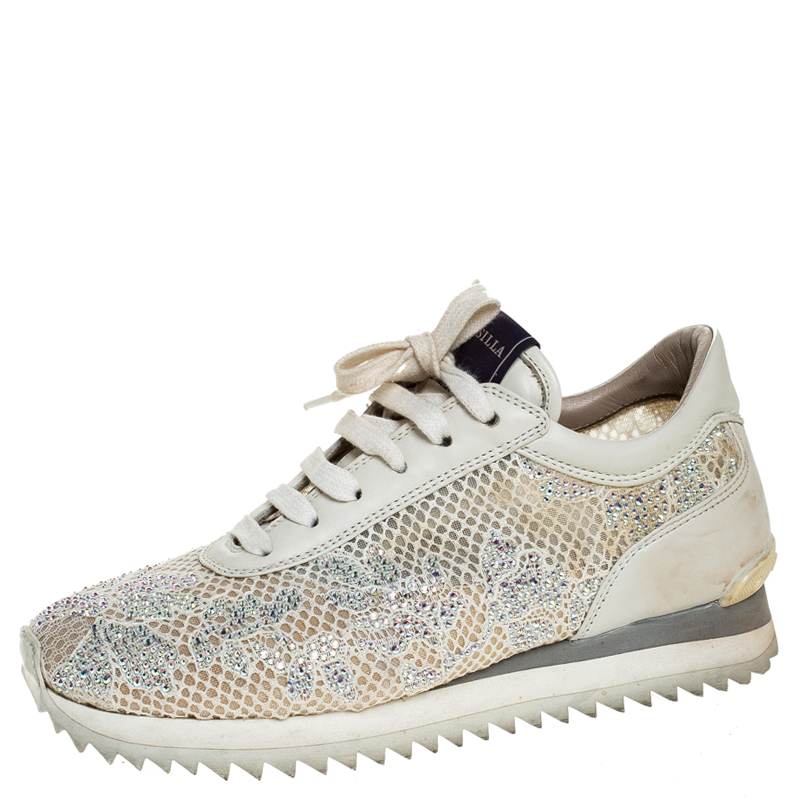 Image of Le Silla Ivory Lace and Leather Trainer Sneakers Size .