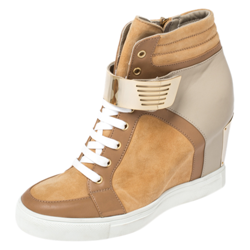 Image of Le Silla Brown/Grey Leather In Chipow High Top Wedge Sneakers Size