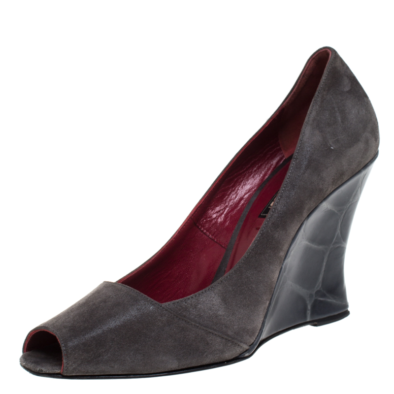 Image of Le Silla Grey Suede leather Peep Toe Wedge Sandals Size .