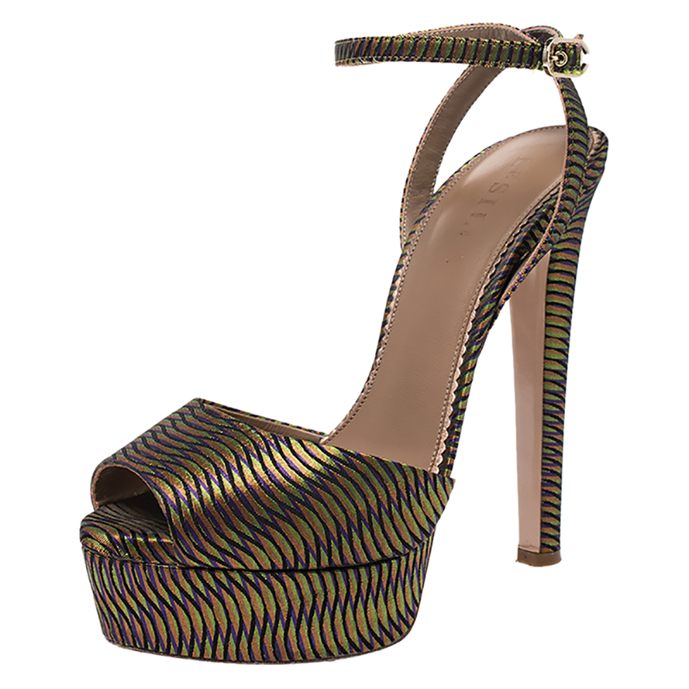 Image of Le Silla Multicolor Fabric Peep Toe Ankle Strap Platform Sandals Size .