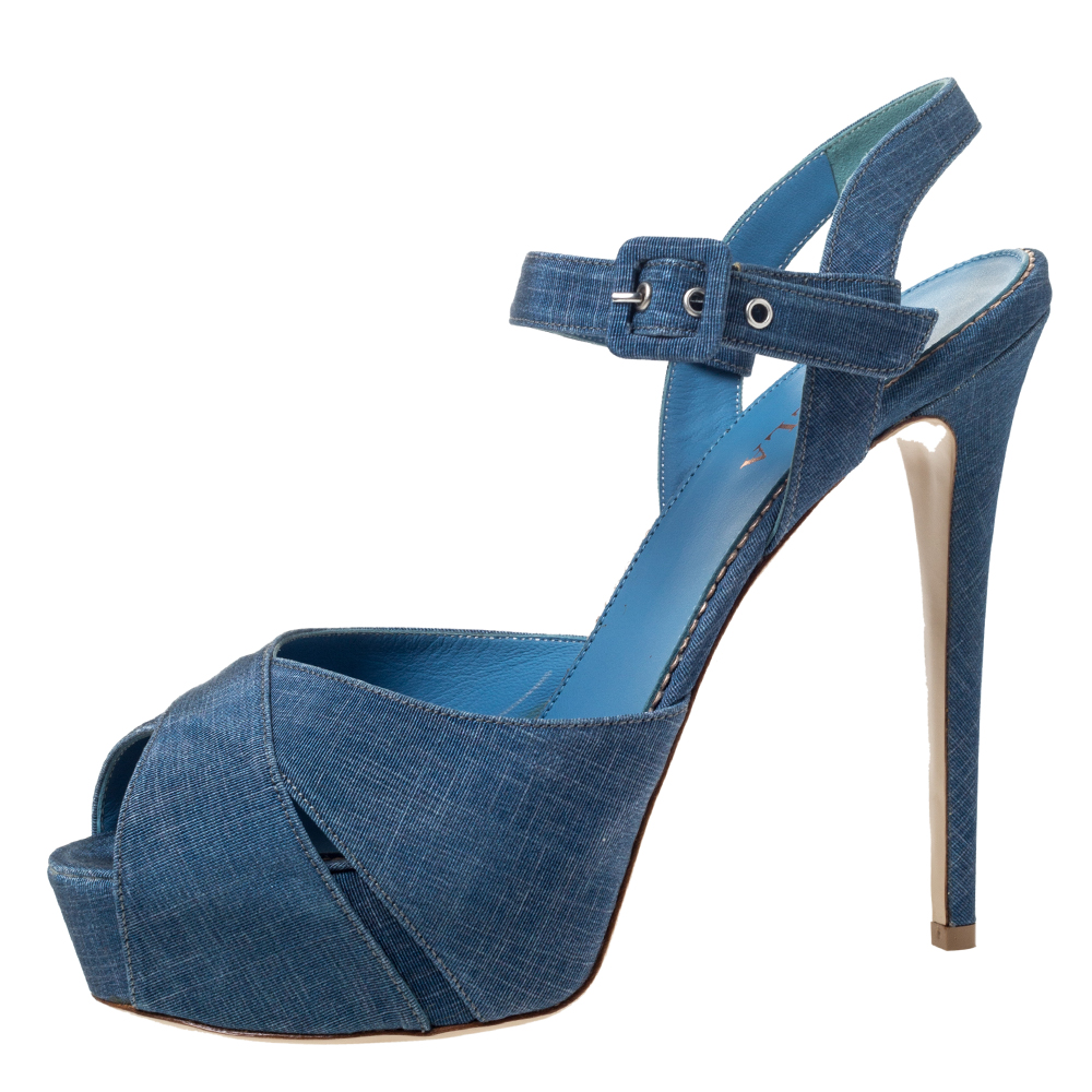 Image of Le Silla Light Blue Canvas Cross Ankle Strap Platform Sandals Size