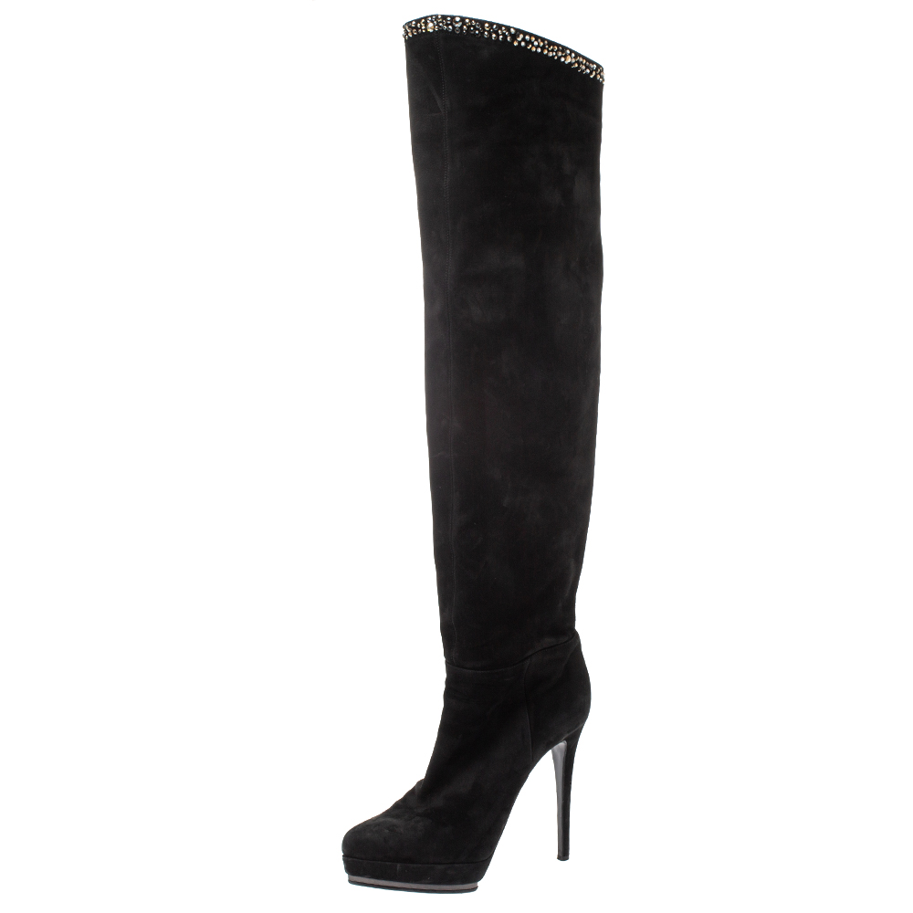 Image of Le Silla Black Nubuck Crystal Embellished Platform Knee High Boots Size