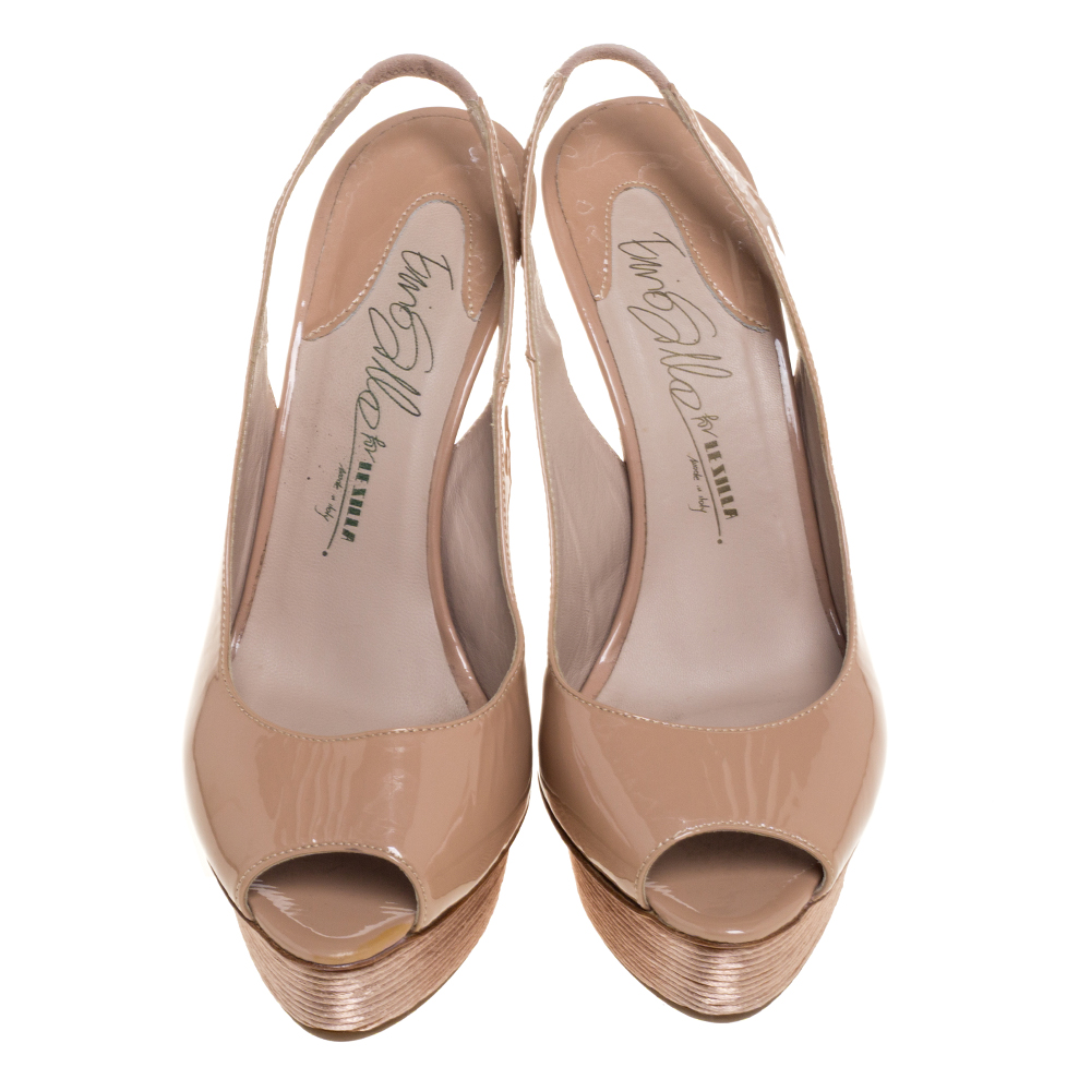 Le Silla Beige Patent Slingback Peep Toe Platform Sandals Size 38.5
