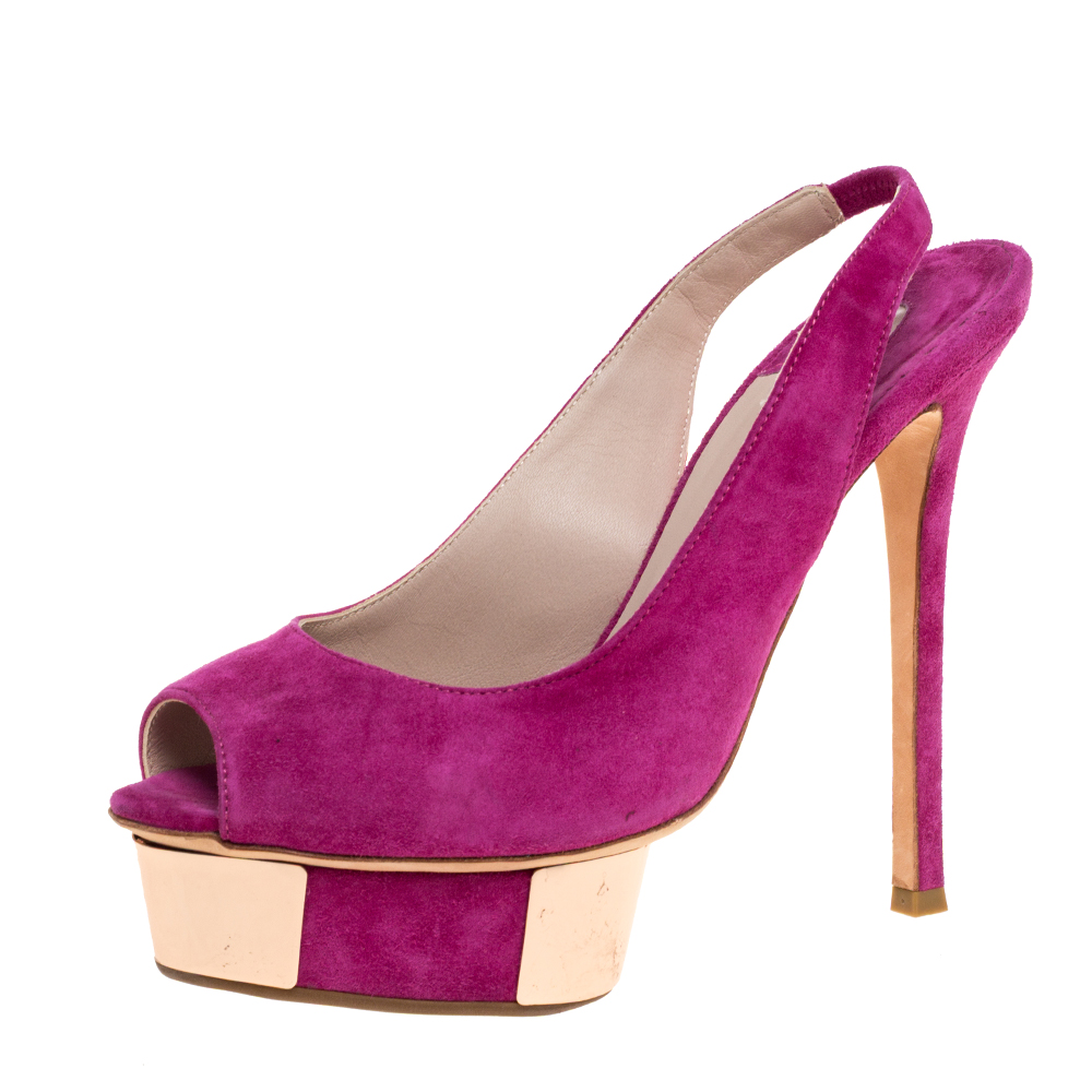 Image of Le Silla Magenta Suede Slingback Peep Toe Platform Sandals Size .