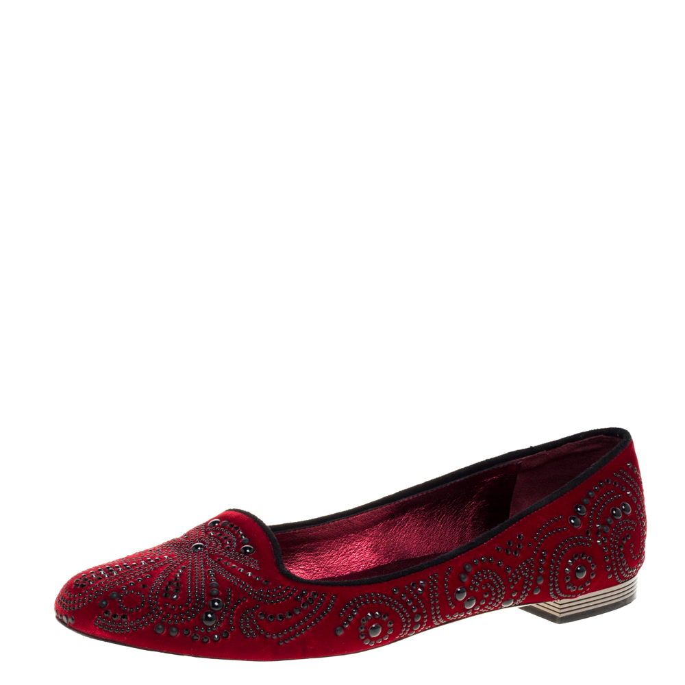 Image of Le Silla Red Velvet Crystal Embellished Smoking Slippers Size