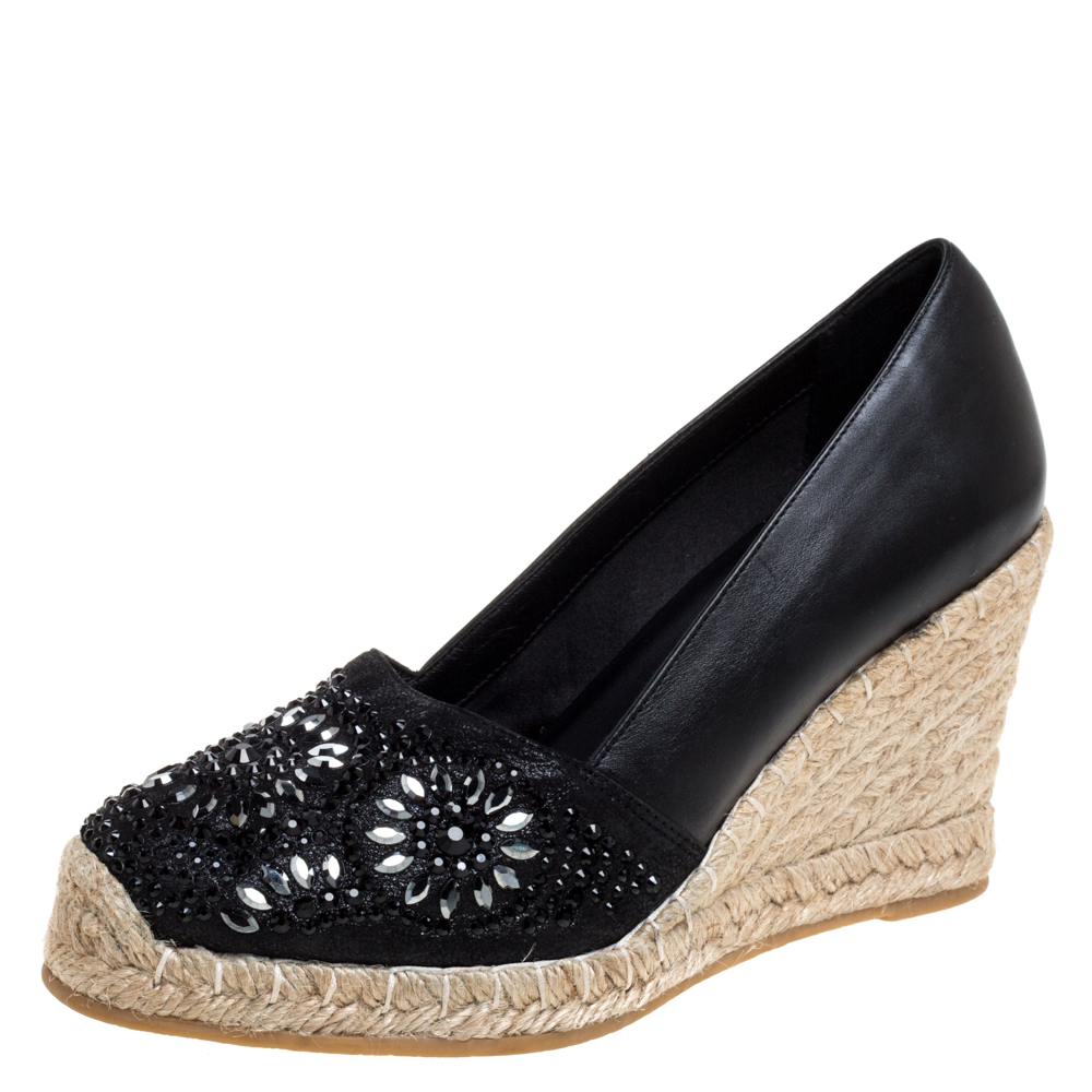 Le Silla Black Leather And Suede Embellished Wedge Espadrille Pumps Size 37