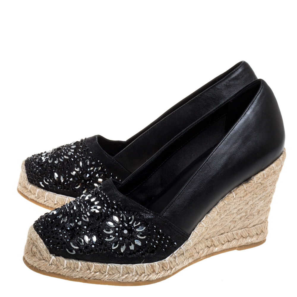 Le Silla Black Leather And Suede Embellished Wedge Espadrille Pumps Size 37