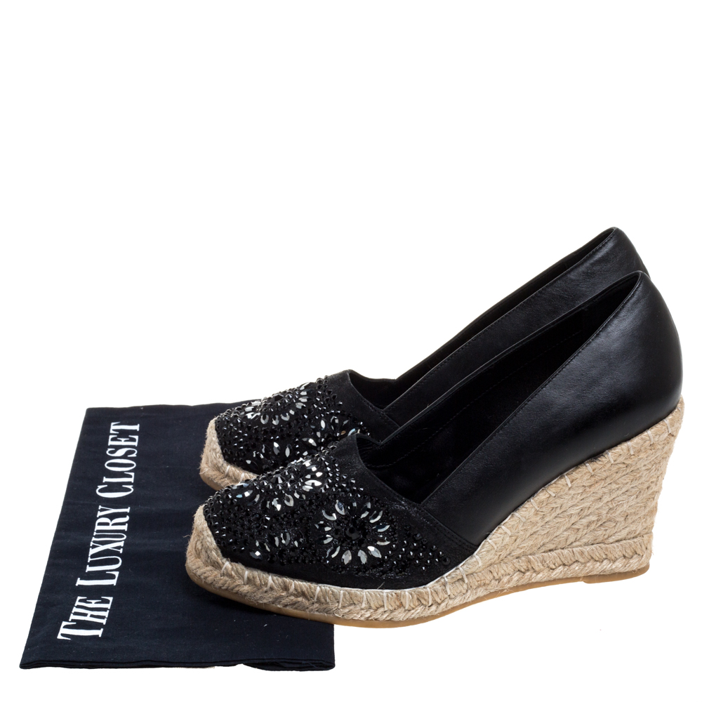Le Silla Black Leather And Suede Embellished Wedge Espadrille Pumps Size 37