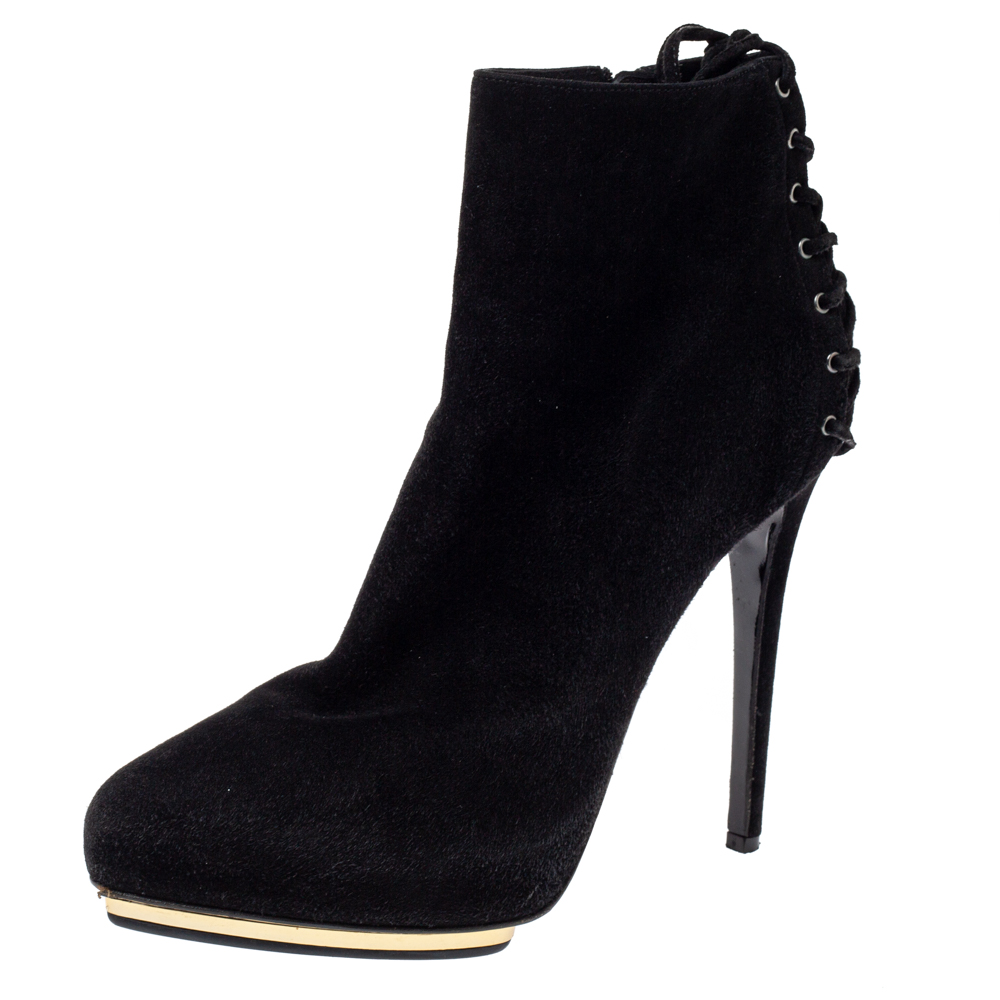 Image of Le Silla Black Suede Lace Detail Heel Ankle Boots Size