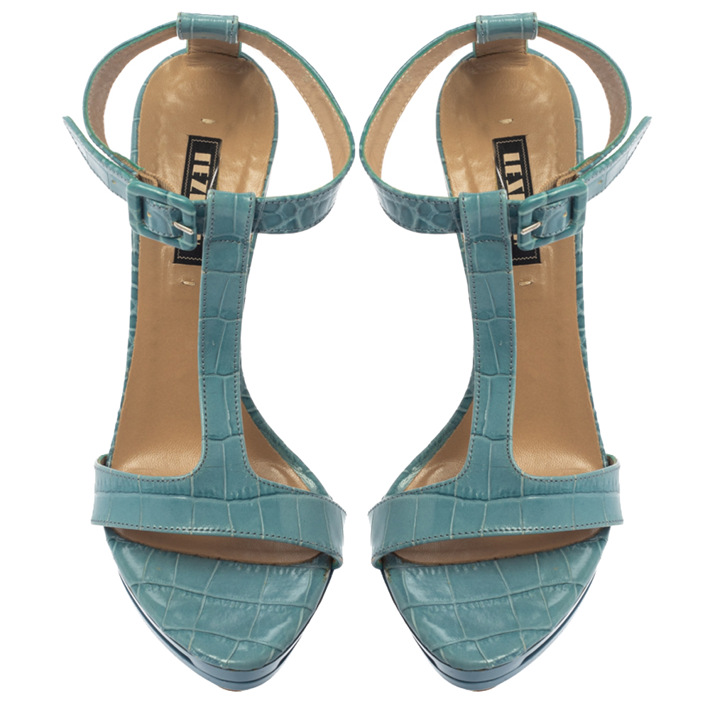 Le Silla Blue Croc Embossed Leather Embossed T-Strap Platform Sandals Size 37