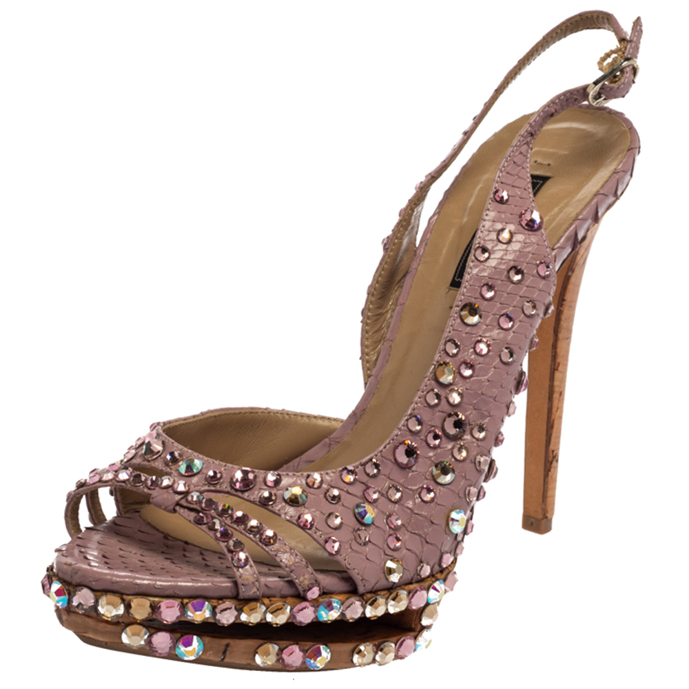 Le Silla Purple Crystal Embellished Leather Peep Toe Platform Sandals Size 38