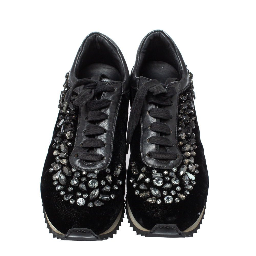 Le Silla Black Velvet And Leather Crystal Embellished Low Top  Sneakers Size 36.5