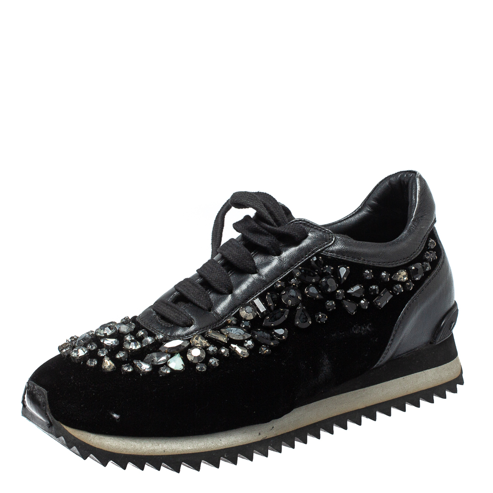 Le silla black velvet and leather crystal embellished low top  sneakers size 36.5