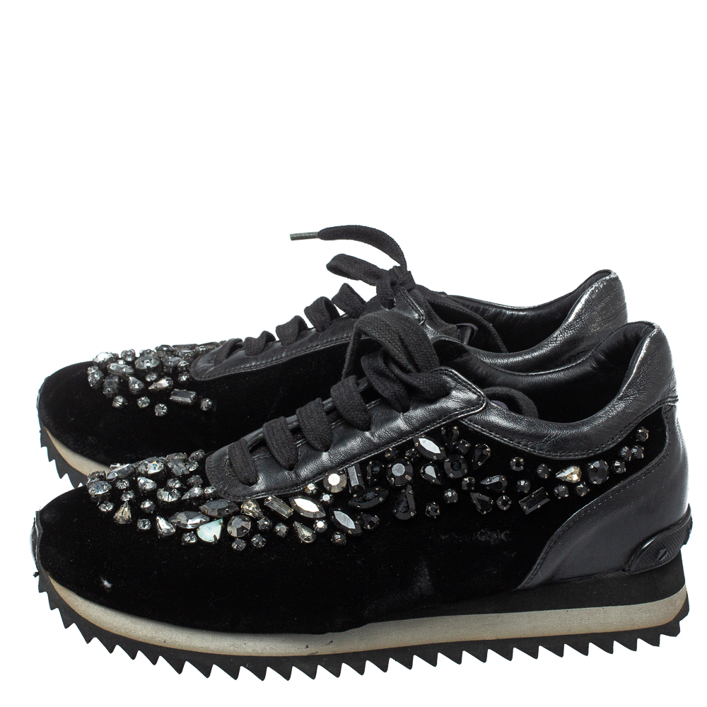 Le Silla Black Velvet And Leather Crystal Embellished Low Top  Sneakers Size 36.5