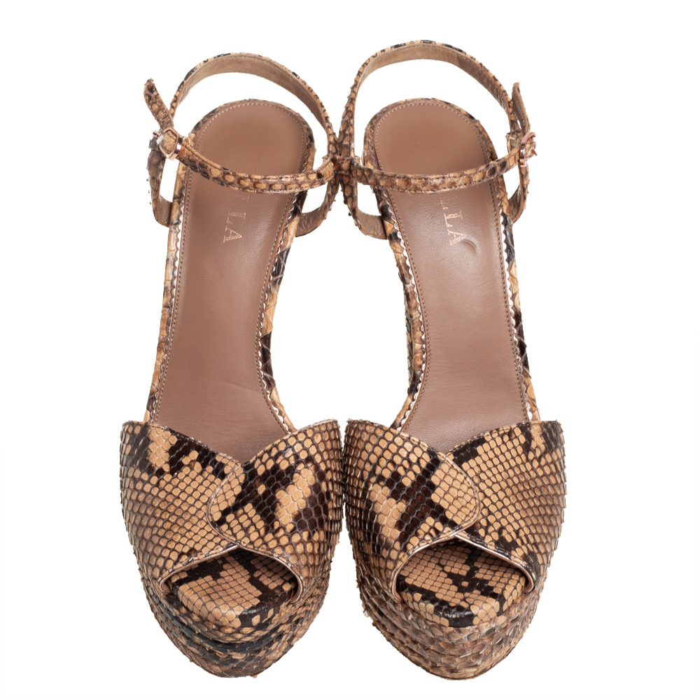 Le Silla Brown/Beige Python Ankle Strap Platform Sandals Size 40.5