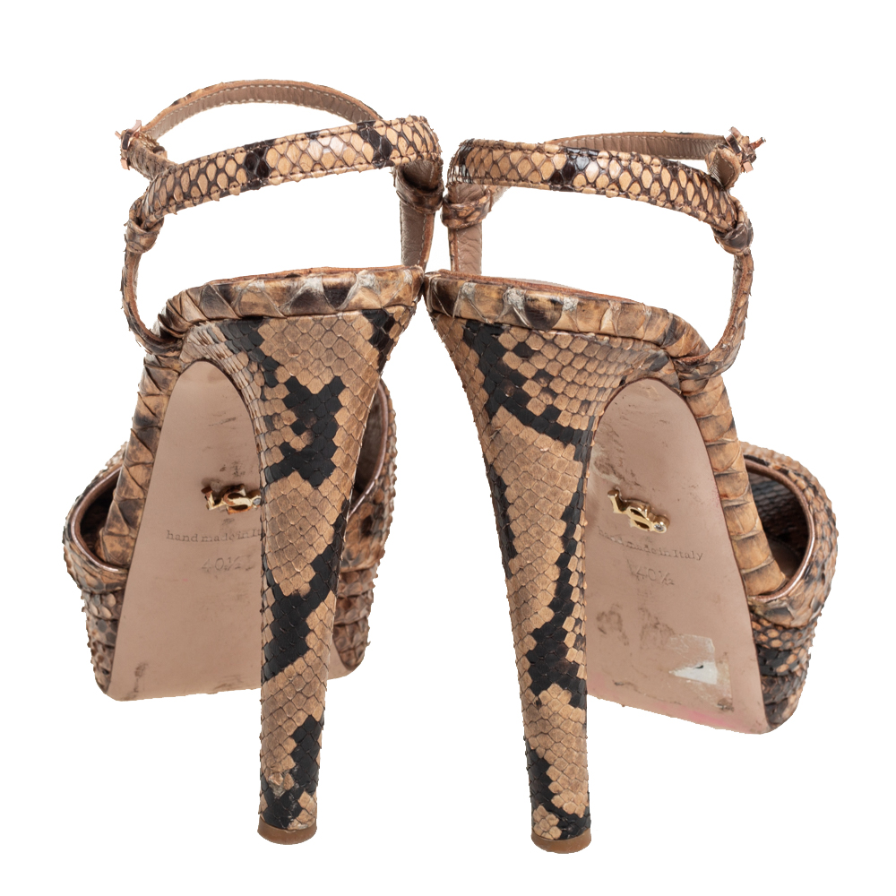 Le Silla Brown/Beige Python Ankle Strap Platform Sandals Size 40.5