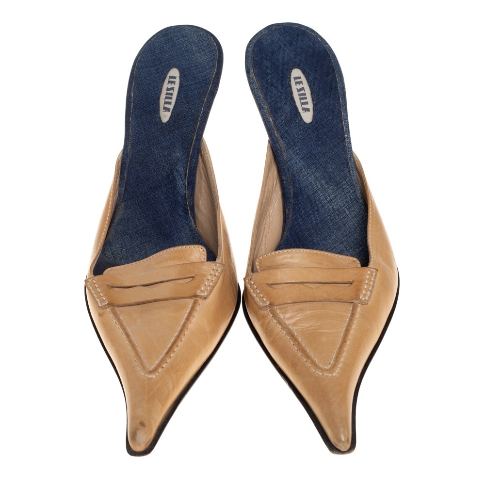 Le Silla Beige Leather Penny Loafer Slide Sandals Size 38.5