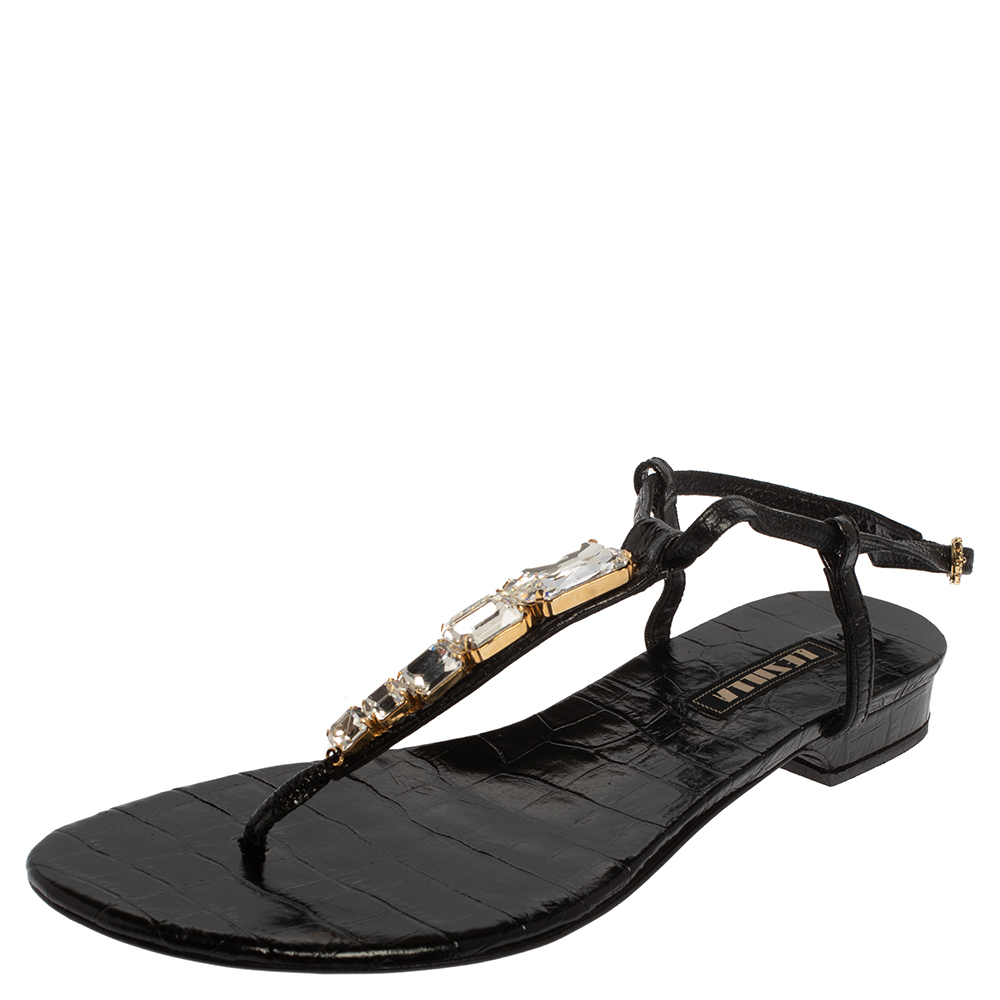 Le Silla Black Patent Leather Crystal Embellished Thong Sandals Size 37.5