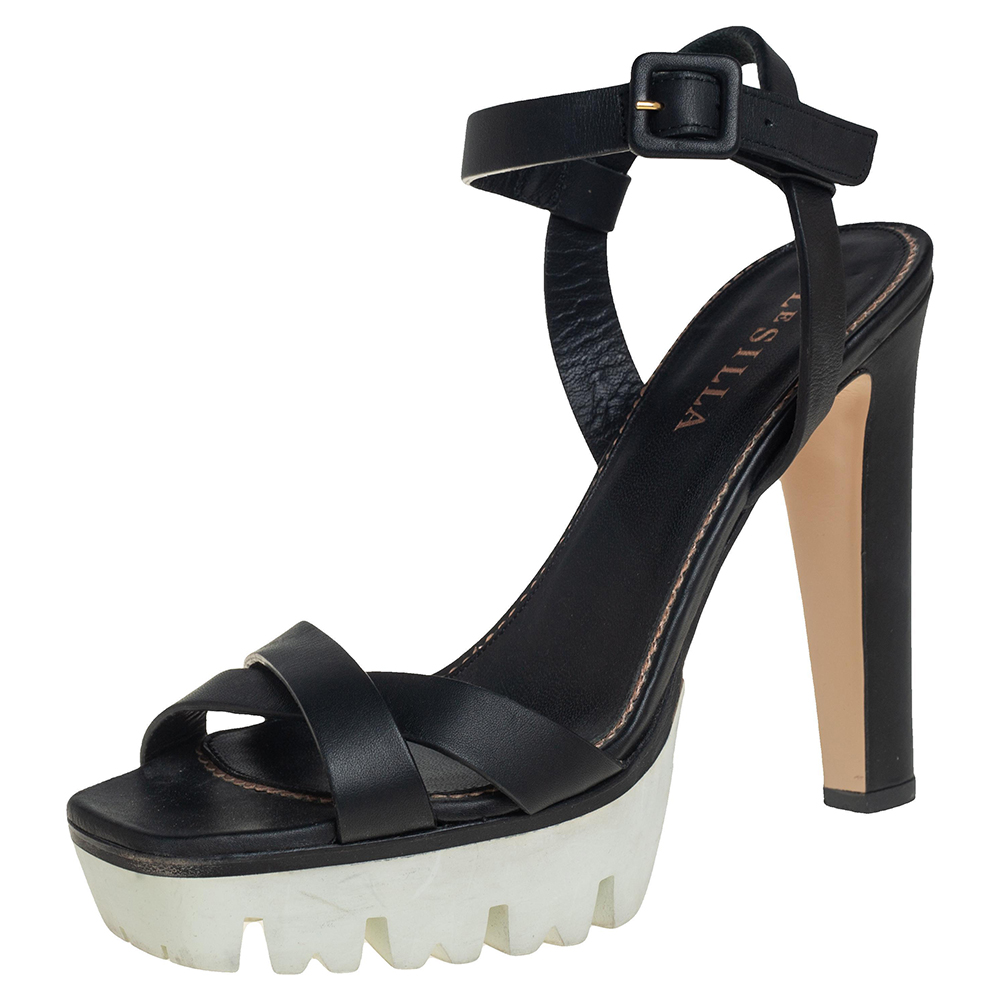 Le Silla Black Leather Cross Strap Platform Sandals Size 40
