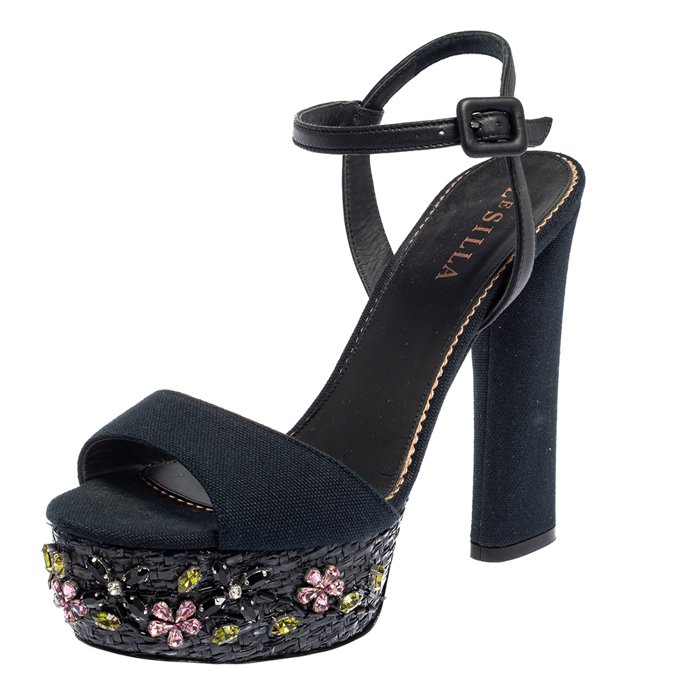 Le Silla Black Canvas Embellished Ankle Strap Sandals Size 38.5