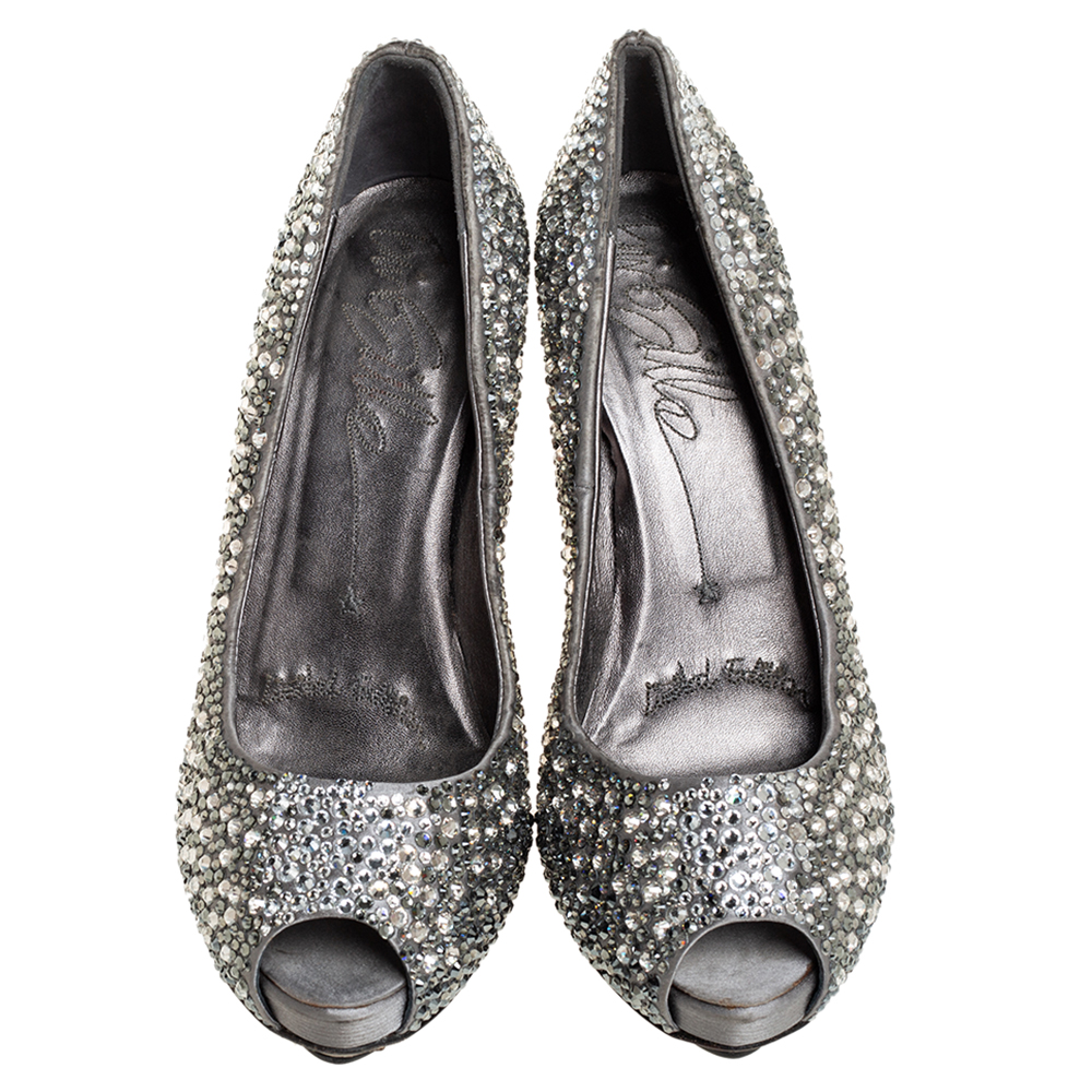 Le Silla Grey Satin Crystal Embellished Peep Toe Platform Pumps Size 37