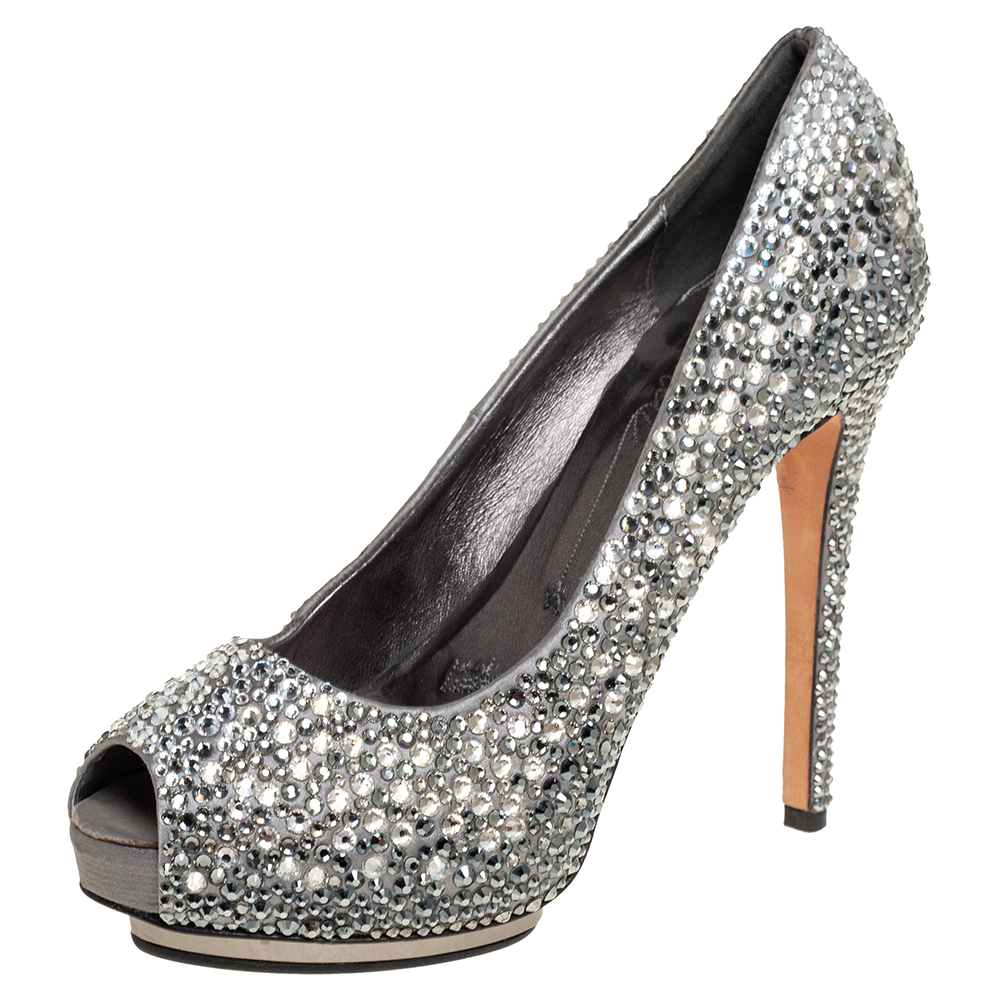 Le Silla grey satin crystal embellished peep toe platform pumps size 37