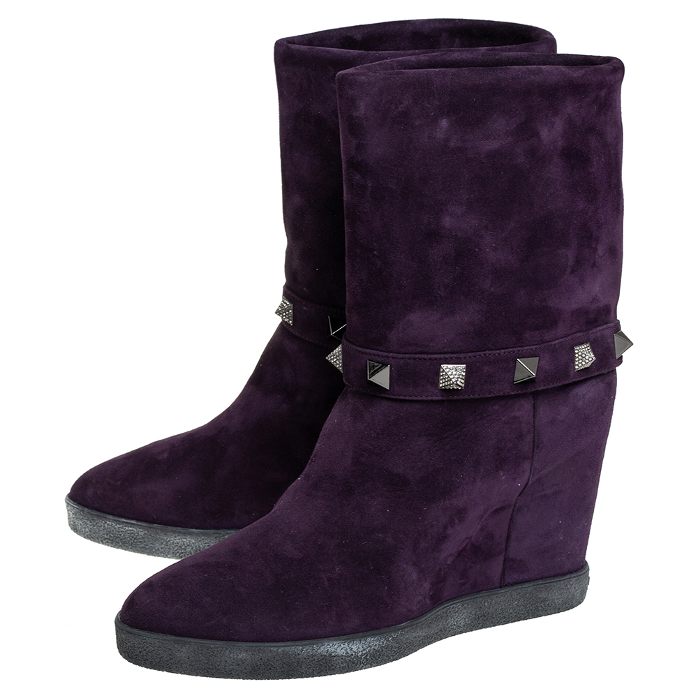 Le Silla Purple Suede Embellished Mid Calf Boots Size 40
