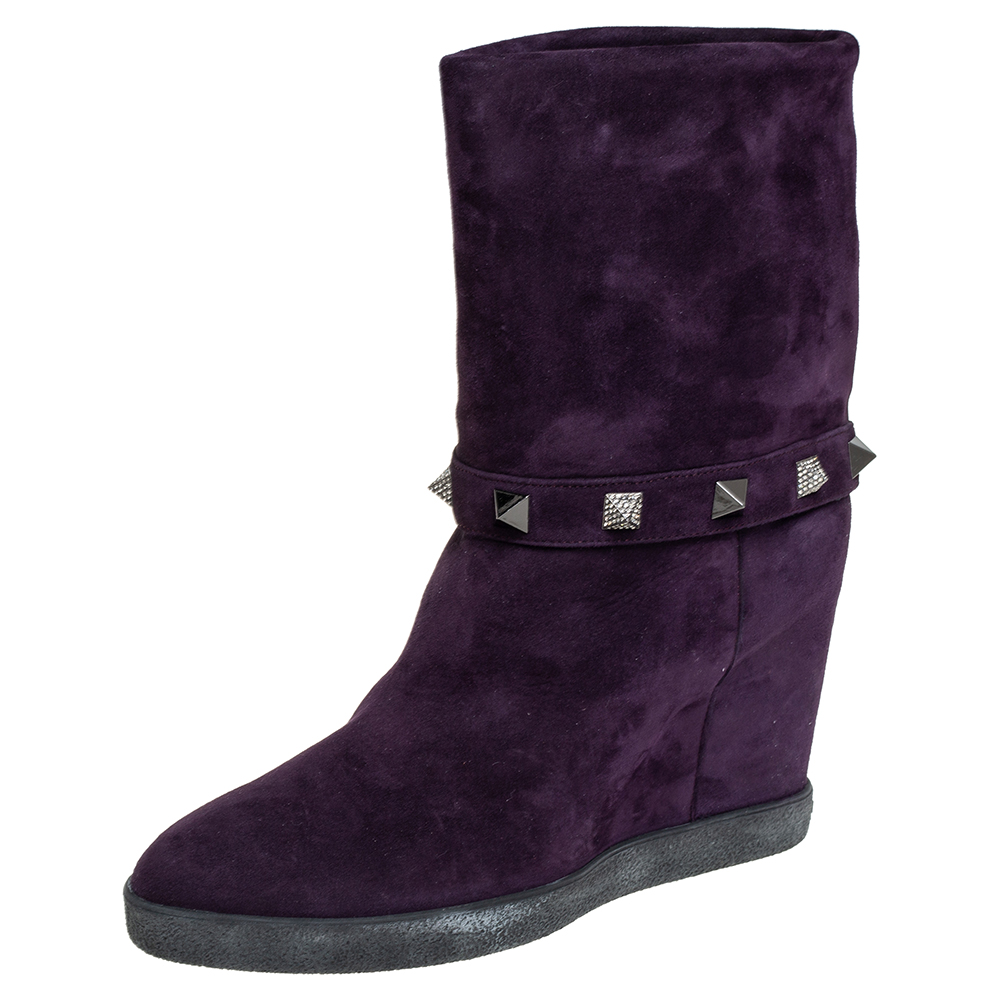 Le Silla Purple Suede Embellished Mid Calf Boots Size 40