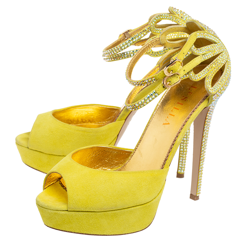 Le Silla Lime Yellow Embellished Suede Strappy Platform Ankle Strap Sandals Size 37