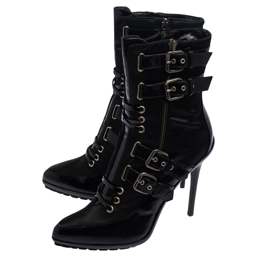 Enio Silla For Le Silla Black Patent Leather And Nylon Platform Ankle Boots Size 39.5