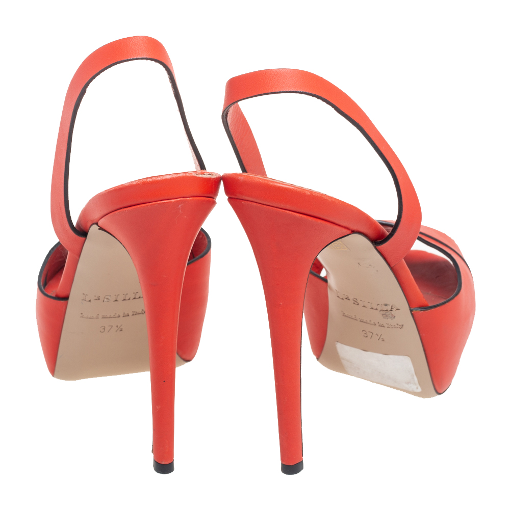 Le Silla Orange Leather Cross Strap Platform Slingback Sandals Size 37.5