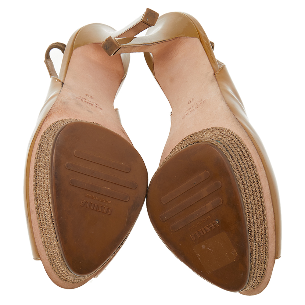 Le Silla Beige Patent Leather Peep Toe Slingback Sandals Size 40