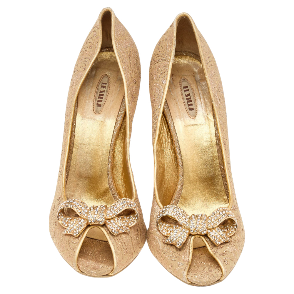 Le Silla Gold Brocade Fabric Embellished Bow Peep Toe Pumps Size 38