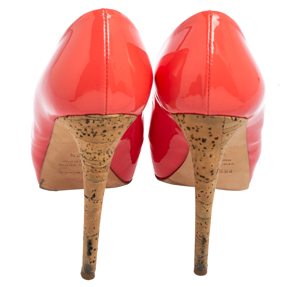Le Silla Watermelon Pink Patent Leather Peep-Toe Platform Pumps Size 37.5