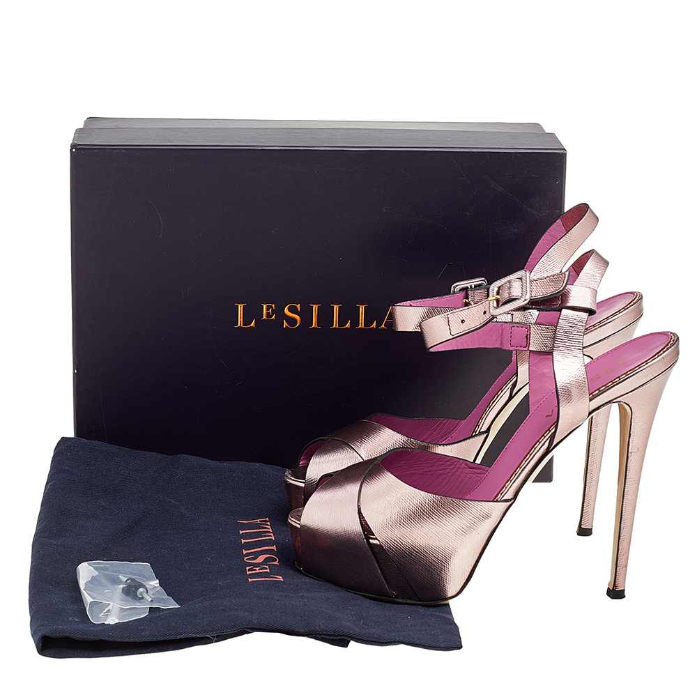 Le Silla Metallic Rose Gold Leather Criss Cross Platform Ankle Strap Sandals Size 38