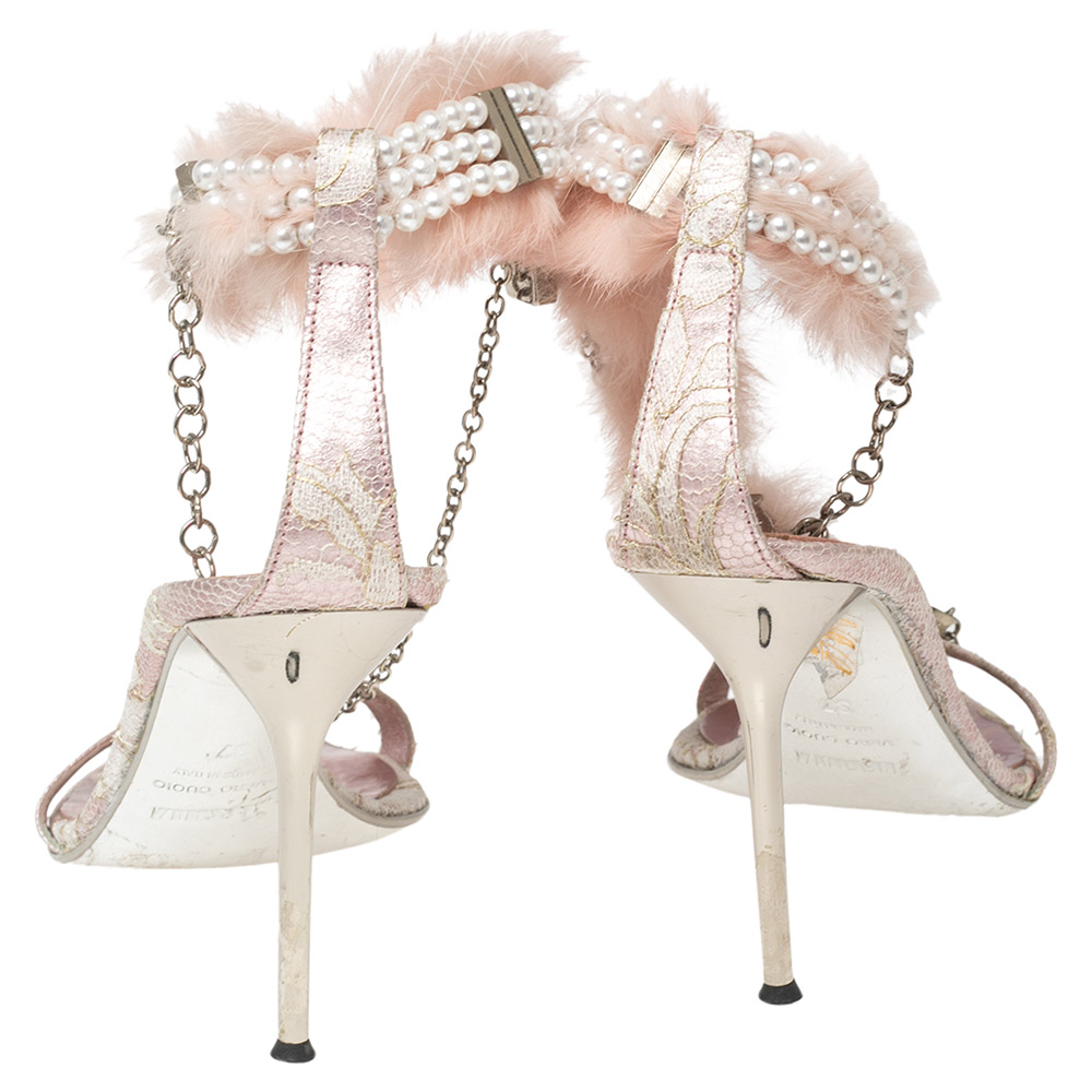 Le Silla Pink Lace And Pearl Chain Embellished Fur T-Strap Sandals Size 37