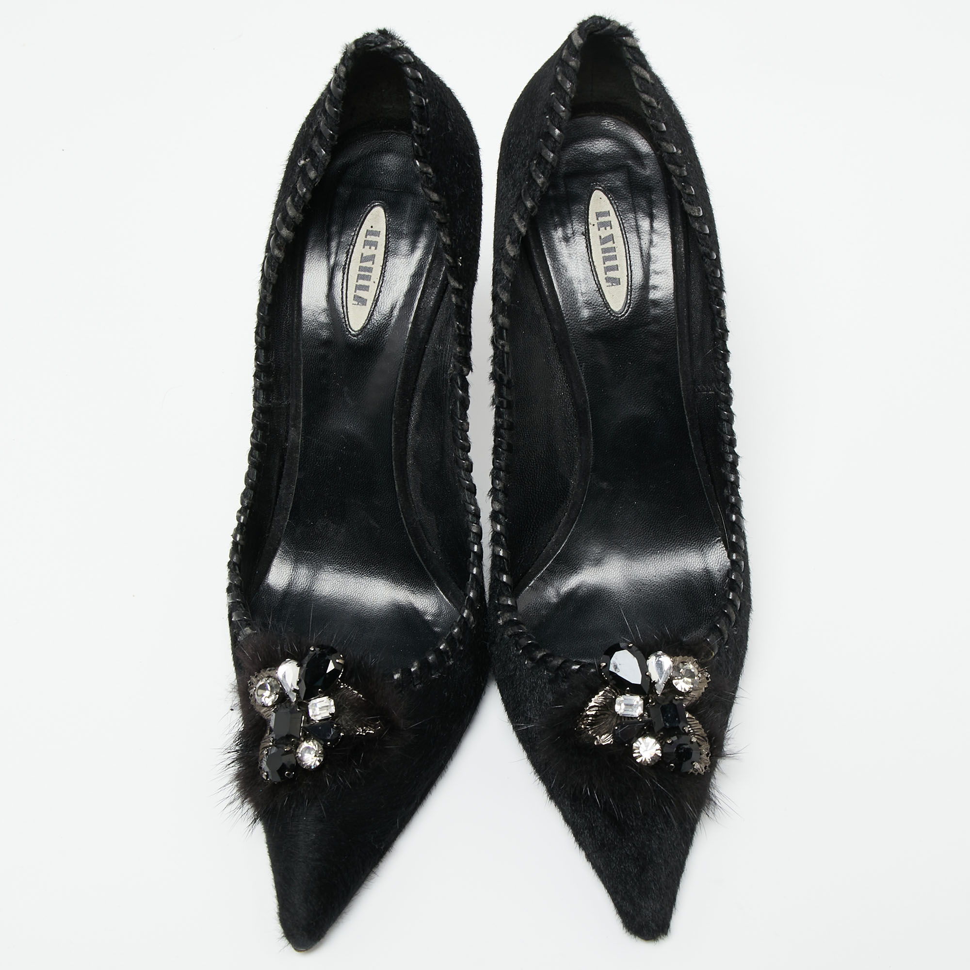 Le Silla Black Calf Hair Crystal Embellished Pointed Toe Pumps Size 38