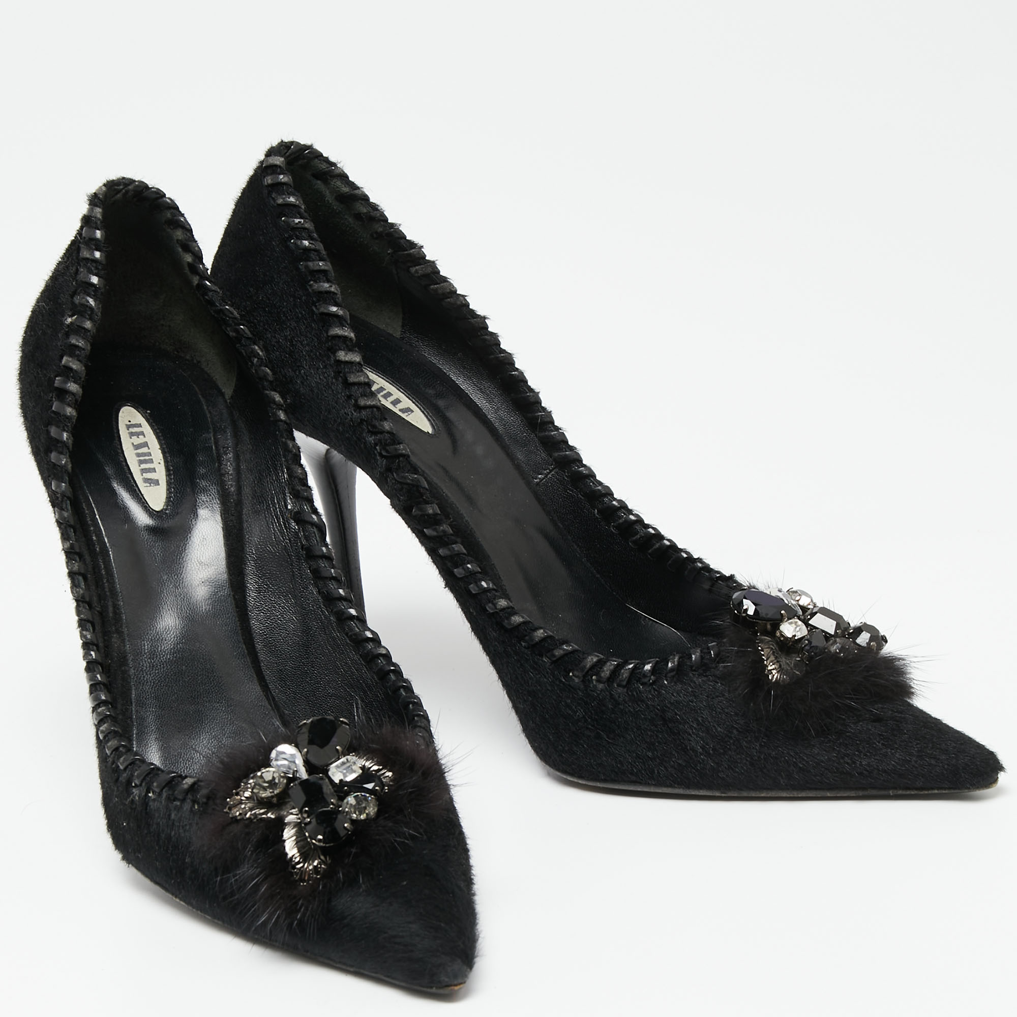 Le Silla Black Calf Hair Crystal Embellished Pointed Toe Pumps Size 38