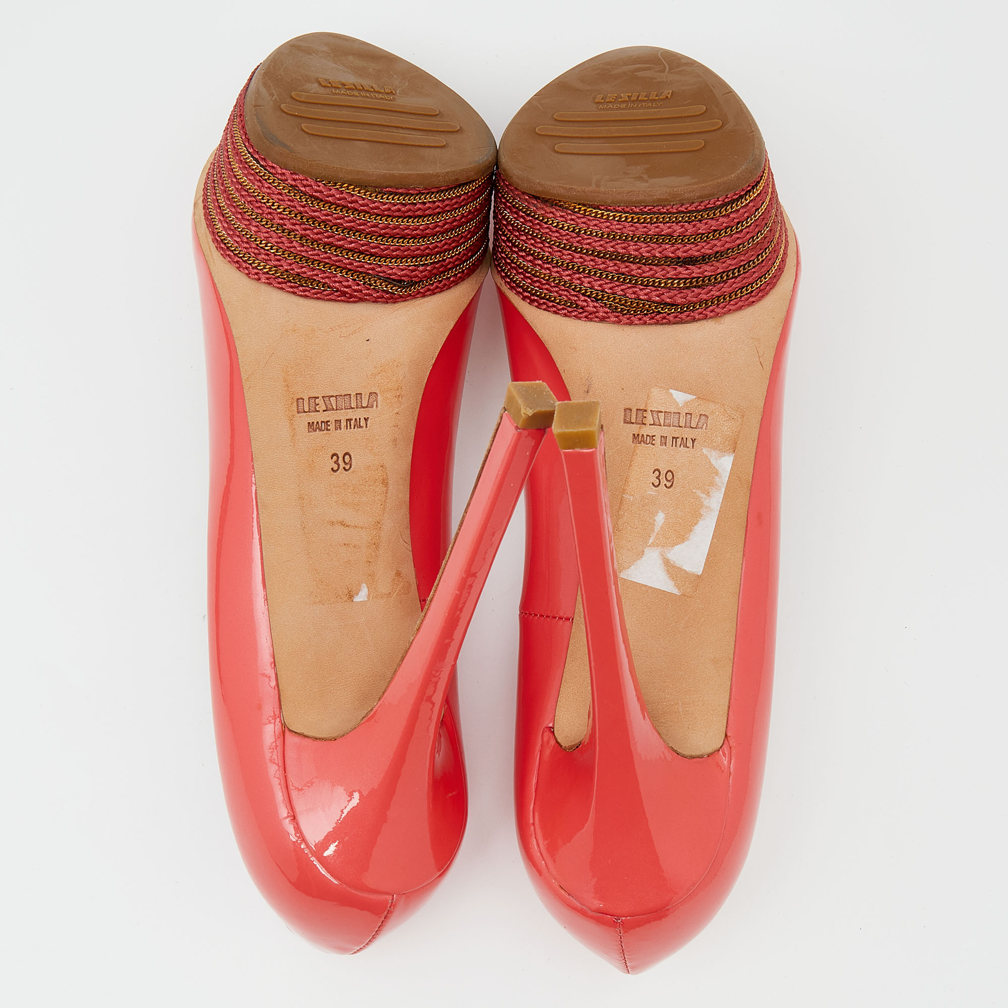 Le Silla Coral Orange Patent Leather Peep Toe Platform Pumps Size 39