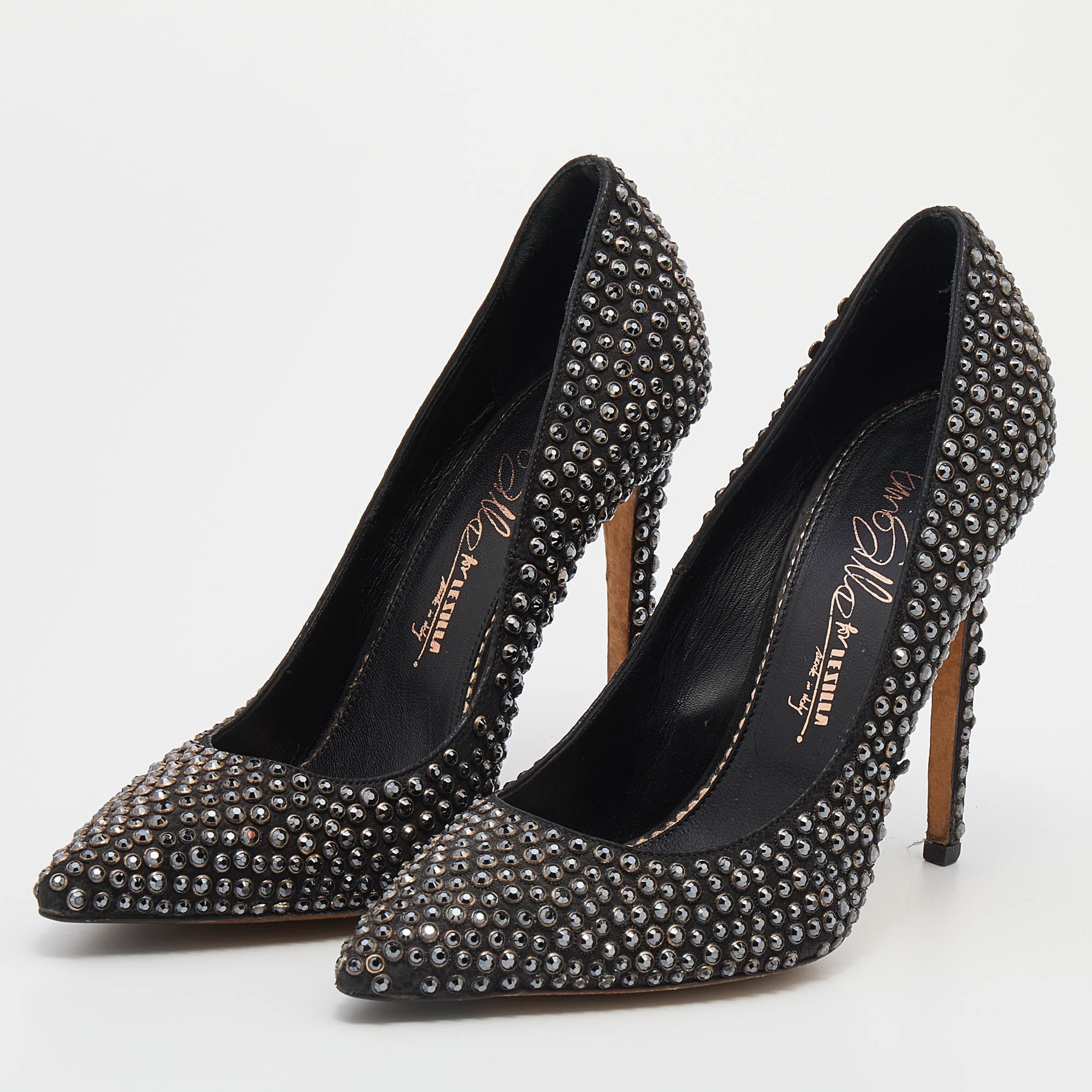 Le Silla Black Leather Crystal Embellished Pointed Toe Pumps Size 38