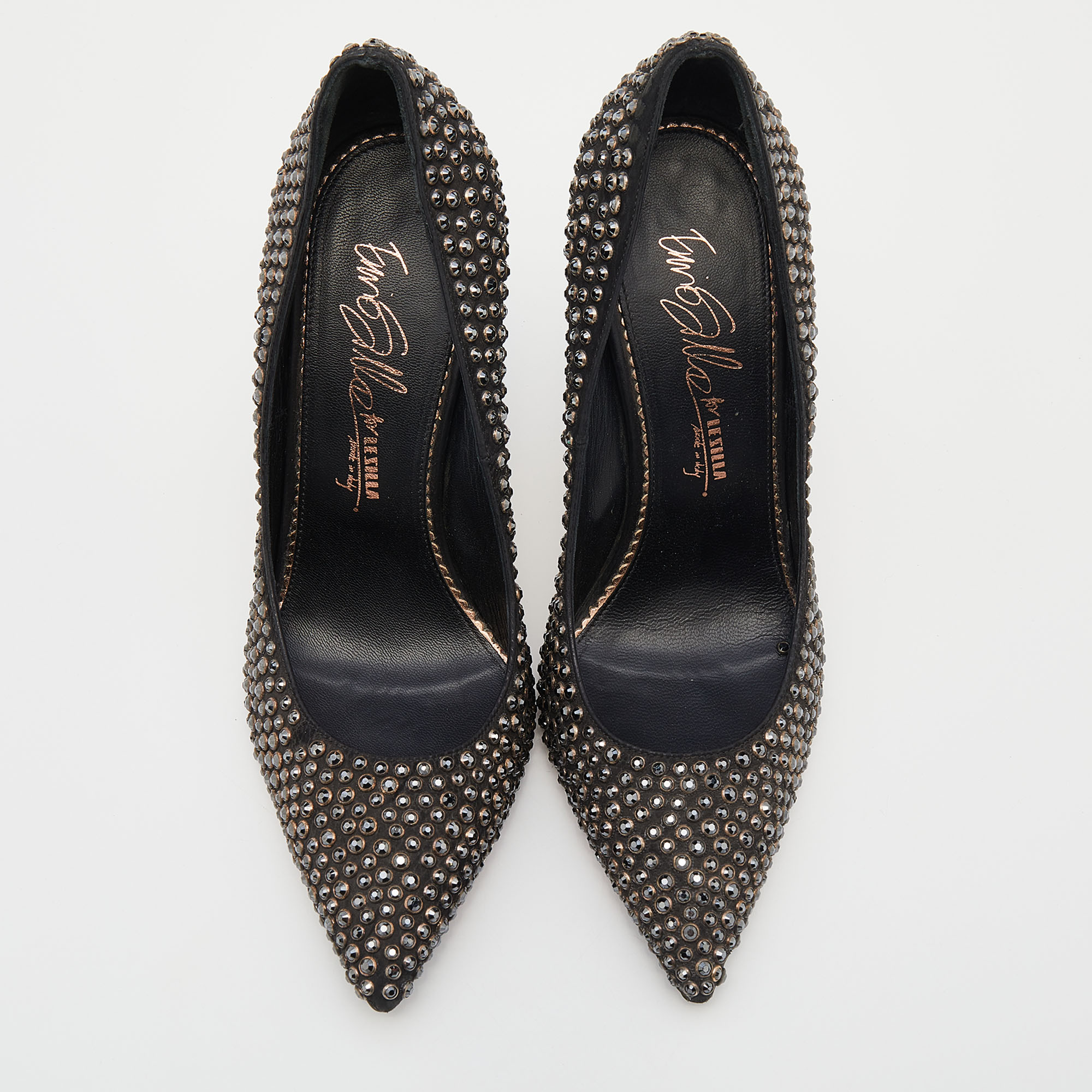 Le Silla Black Leather Crystal Embellished Pointed Toe Pumps Size 38