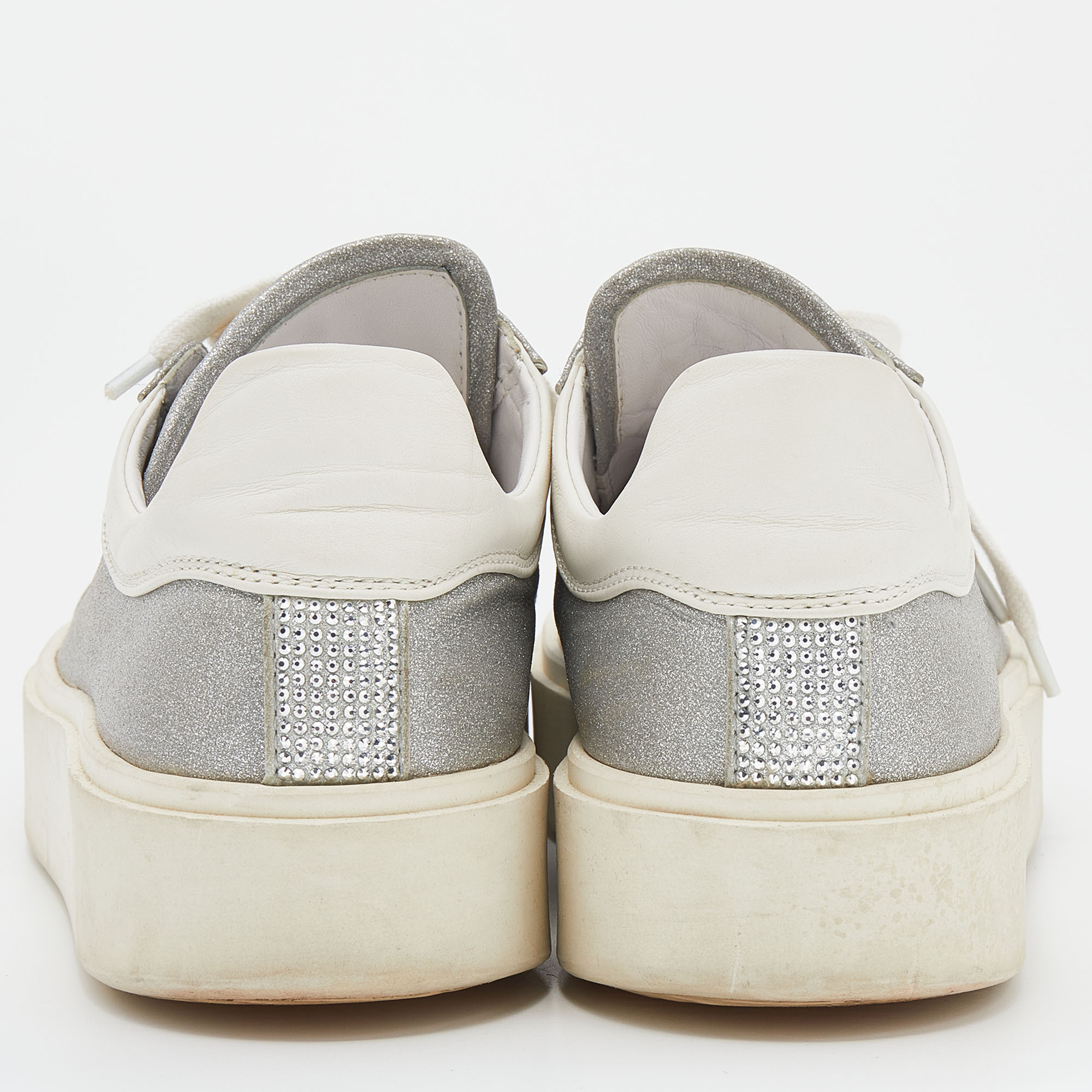 Le Silla Silver/White Glitter And Leather Sneakers Size 38