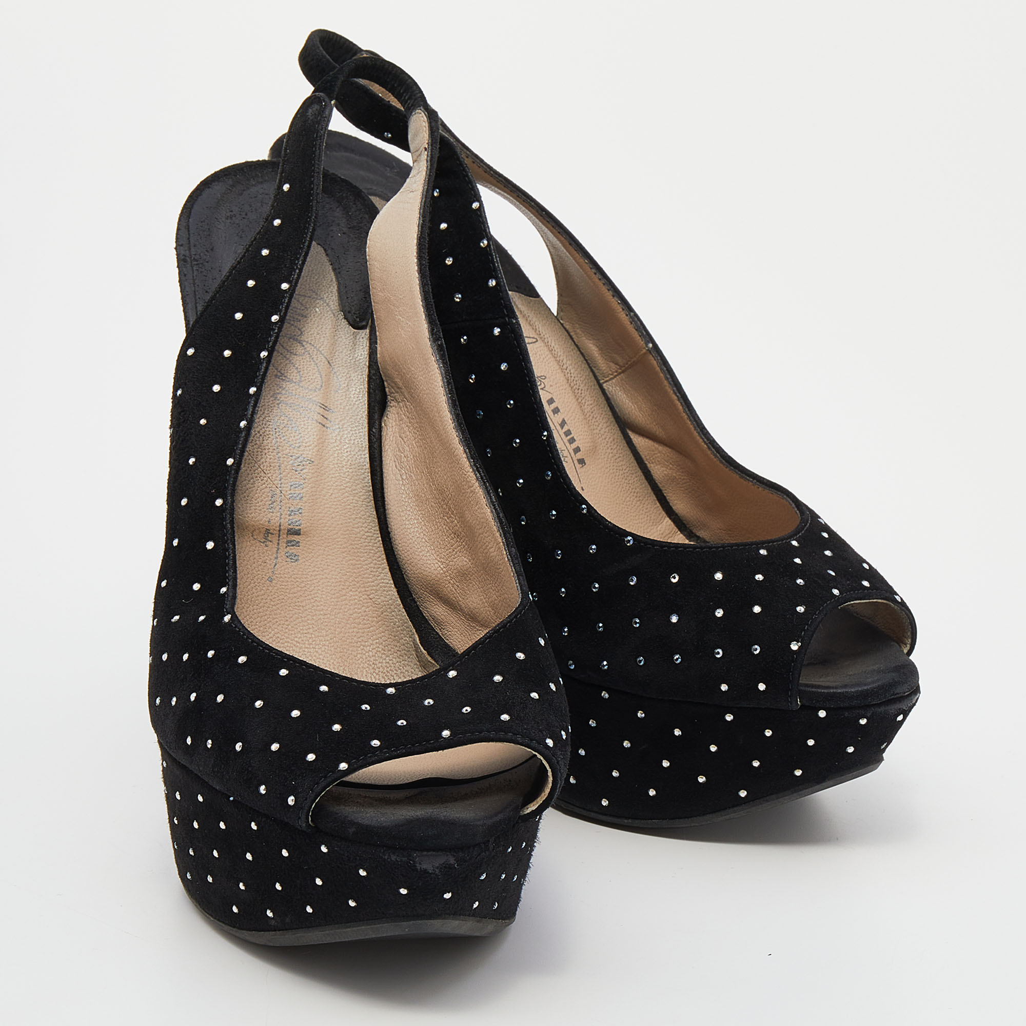 Le Silla Black Suede Crystal Embellished Wedge Platform Slingback Sandals Size 38