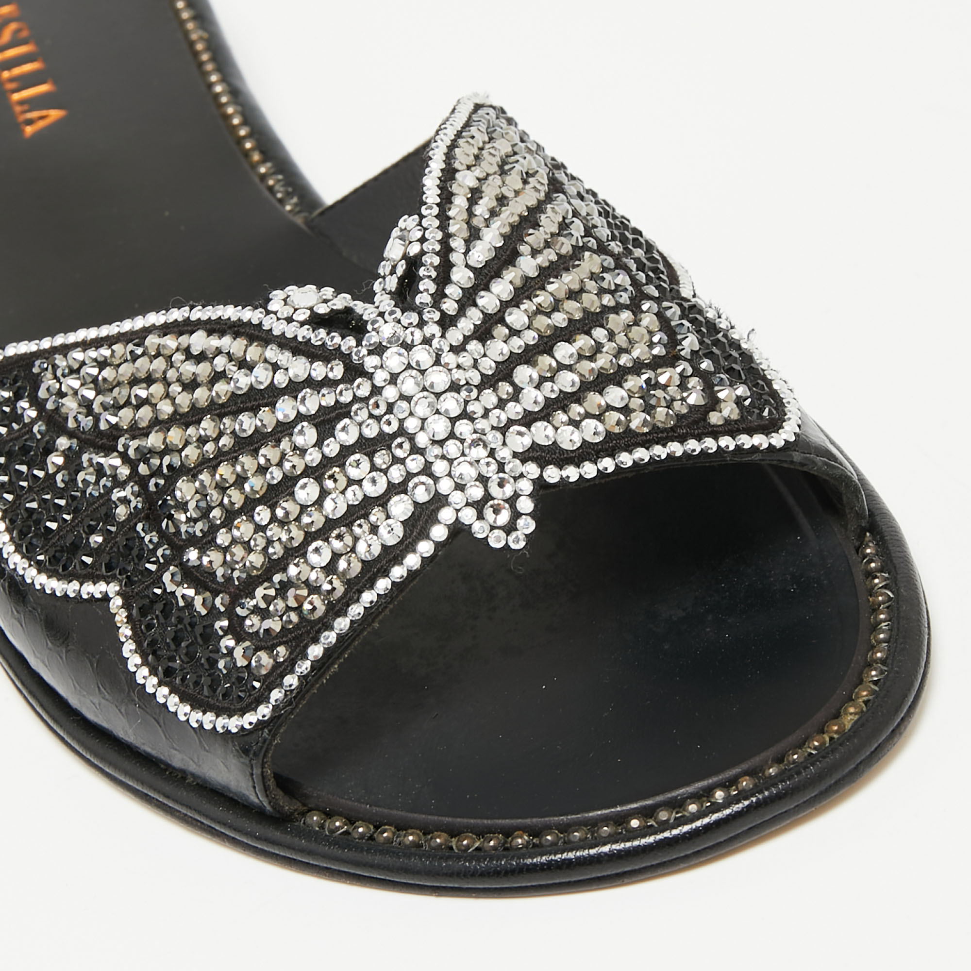 Le Silla Black Snakeskin Embossed And Leather Butterfly Embellished Slide Sandals Size 37