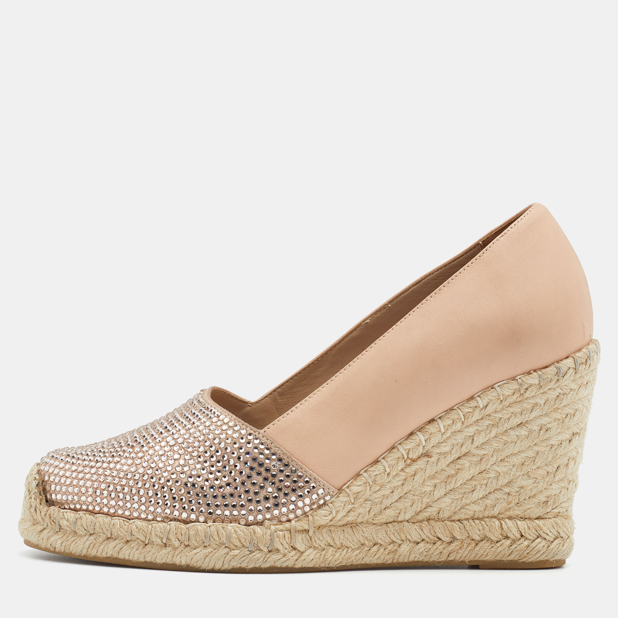 Le Silla Nude Leather Crystal Embellished Wedge Espadrilles Pumps Size 38